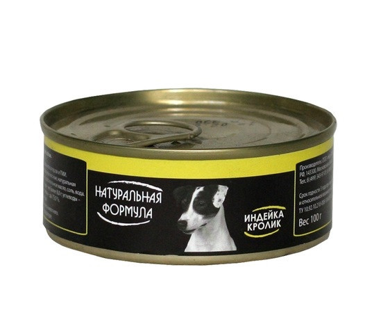 Натуральная формула влажный корм для собак с индейкой и кроликом, в консервах - 100 г х 24 шт
