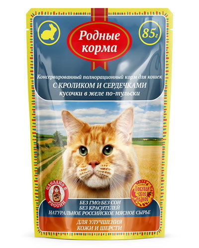 Родные Корма влажный корм для взрослых кошек с кроликом и сердечками Кусочки в желе по-тульски для улучшения кожи и шерсти в паучах - 85 г х 32 шт
