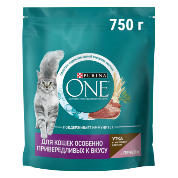Сухой корм Purina ONE® для кошек особенно привередливых к вкусу с уткой и печенью, 750 г