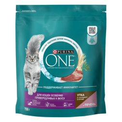 Сухой корм Purina ONE® для кошек особенно привередливых к вкусу с уткой и печенью, 750 г