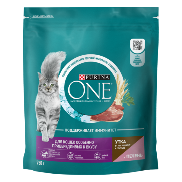 Сухой корм Purina ONE® для кошек особенно привередливых к вкусу с уткой и печенью, 750 г