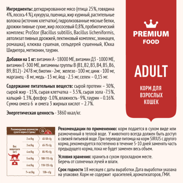 Sirius сухой корм для взрослых кошек мясной рацион - 400 г