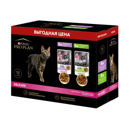 Набор паучей Purina Pro Plan Nutrisavour Delicate для кошек с чувствительным пищеварением: с индейкой; с ягненком - 85 г х 10 шт