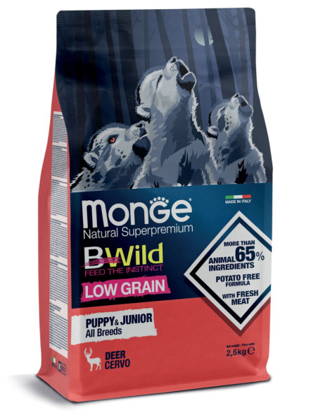 Monge Dog BWild Low Grain Puppy сухой низкозерновой корм для щенков всех пород с мясом оленя 2,5 кг