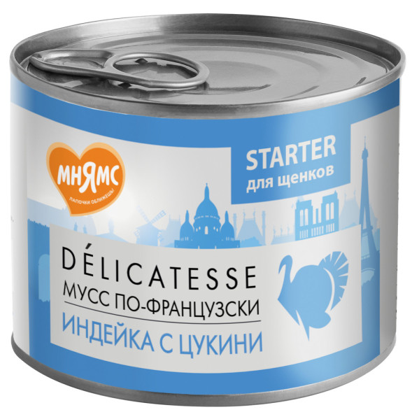 Мнямс Delicatesse Starter Мусс по-французски влажный корм для щенков до 4 месяцев, паштет из индейки с цукини, в консервах - 200 г х 12 шт