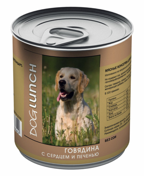 Dog Lunch влажный корм для взрослых собак с говядиной, сердцем и печенью в желе, в консервах - 750 г х 12 шт