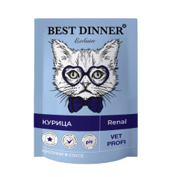 Best Dinner Exclusive Vet Profi Renal диетические паучи для взрослых кошек для профилактики заболеваний почек, с курицей, кусочки в соусе - 85 г х 24 шт
