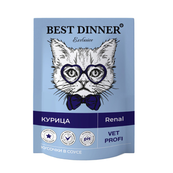 Best Dinner Exclusive Vet Profi Renal диетические паучи для взрослых кошек для профилактики заболеваний почек, с курицей, кусочки в соусе - 85 г х 24 шт