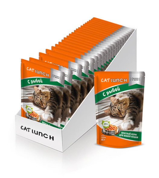 Cat Lunch влажный корм для взрослых кошек кусочки в желе с рыбой, в паучах - 85 г х 24 шт