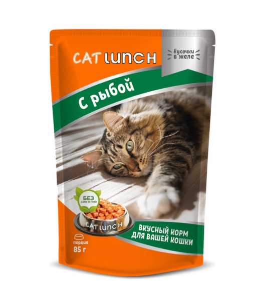 Cat Lunch влажный корм для взрослых кошек кусочки в желе с рыбой, в паучах - 85 г х 24 шт
