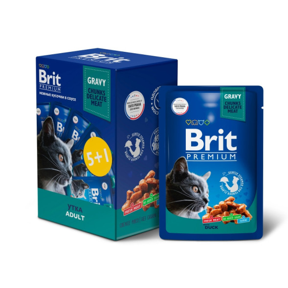 Brit Premium набор паучей для взрослых кошек с уткой кусочки в соусе - 85 г х 5+1 шт