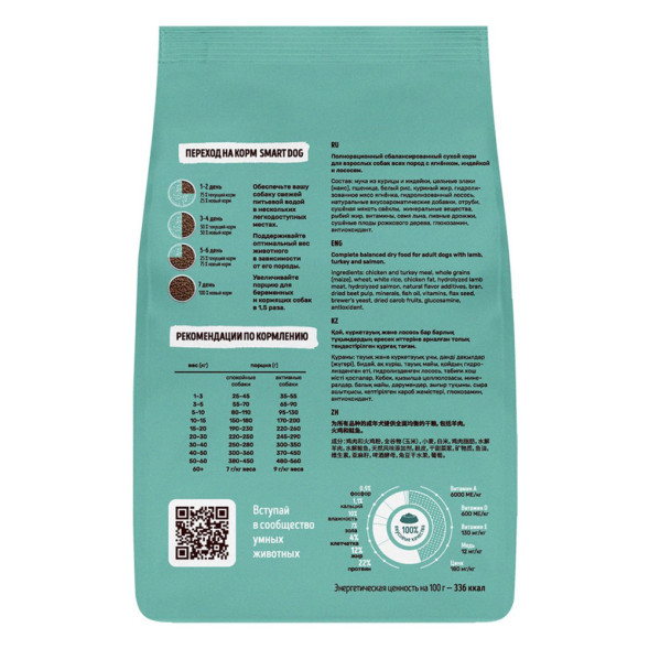 Smart Dog сухой корм для взрослых собак всех пород, с ягненком, лососем, индейкой - 800 г