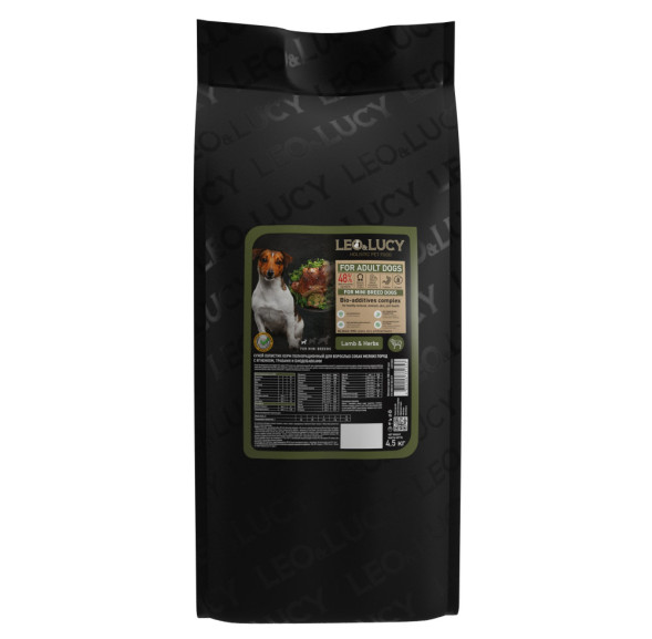 LEO&amp;amp;LUCY сухой холистик корм для взрослых собак мелких пород с ягненком и травами - 4,5 кг