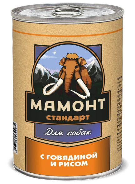 Мамонт Стандарт Говядина с рисом влажный корм для собак жестяная банка 0,34 кг (12 шт в уп)