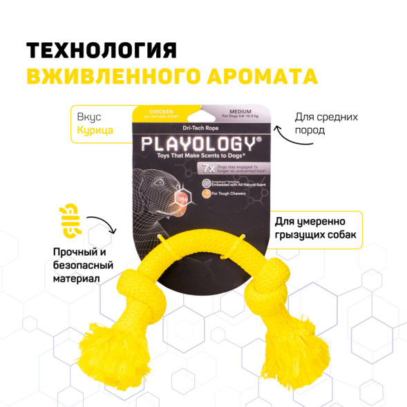Playology DRI-TECH ROPE жевательный канат для собак с ароматом курицы, средний, желтый