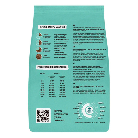Smart Dog сухой корм для взрослых собак всех пород, с ягненком, лососем, индейкой - 3 кг