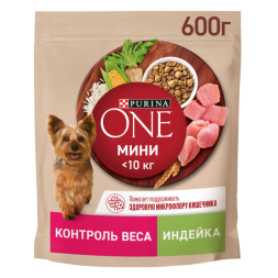 Сухой корм Purina ONE МИНИ Здоровый вес для собак мелких пород, склонных к набору веса сnbsp; индейкой и с рисом 600г
