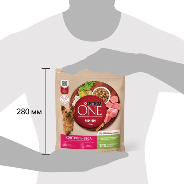 Сухой корм Purina ONE МИНИ Здоровый вес для собак мелких пород, склонных к набору веса сnbsp; индейкой и с рисом 600г