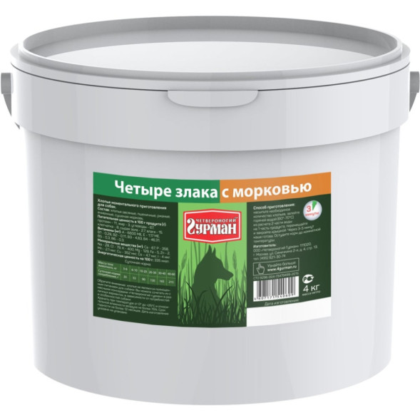 Четвероногий гурман каша для собак 4 злака с морковью - 4 кг