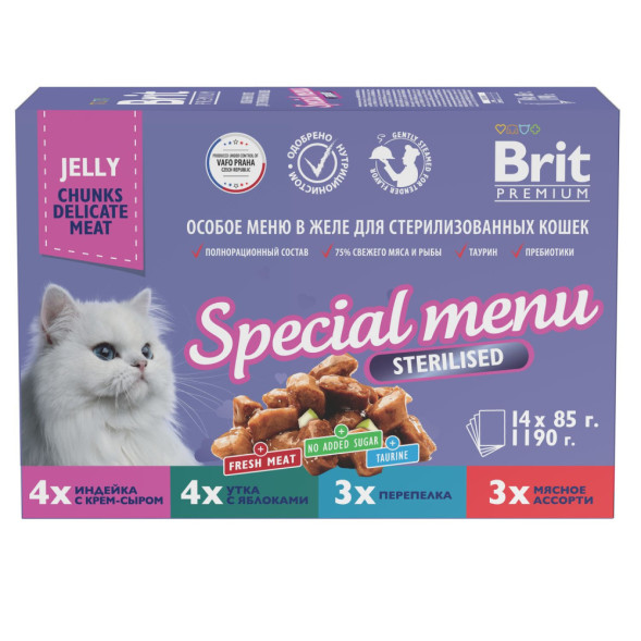 Brit Premium Особые меню влажный корм для взрослых стерилизованных кошек в паучах, Особое меню в желе - 85 г х 14 шт