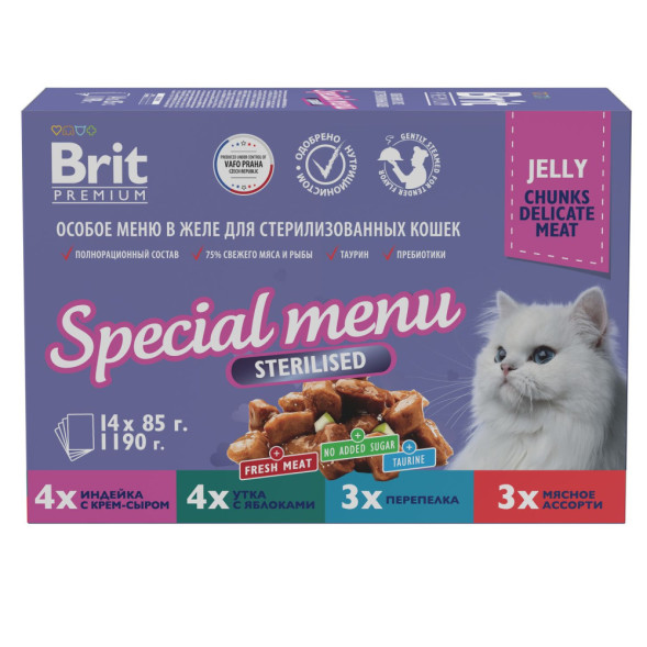 Brit Premium Особые меню влажный корм для взрослых стерилизованных кошек в паучах, Особое меню в желе - 85 г х 14 шт