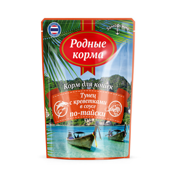 Родные Корма влажный корм для взрослых кошек Заморские паучи тунец с креветками в соусе по-тайски - 70 г х 24 шт