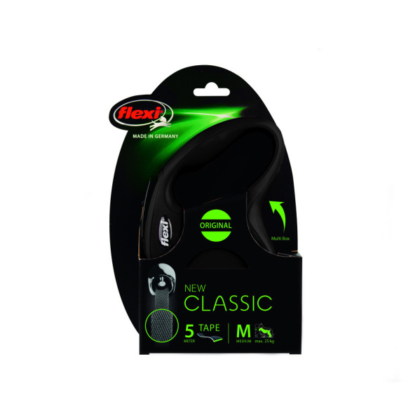 Поводок-рулетка Flexi New Classic M длиной 5 м для собак до 25 кг лента чёрная