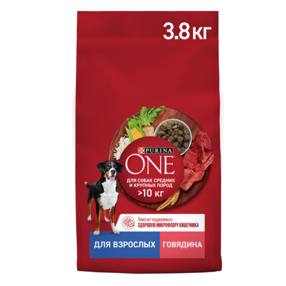 Сухой корм для собак Purina ONE для средних и крупных пород с говядиной и рисом 3,8 кг