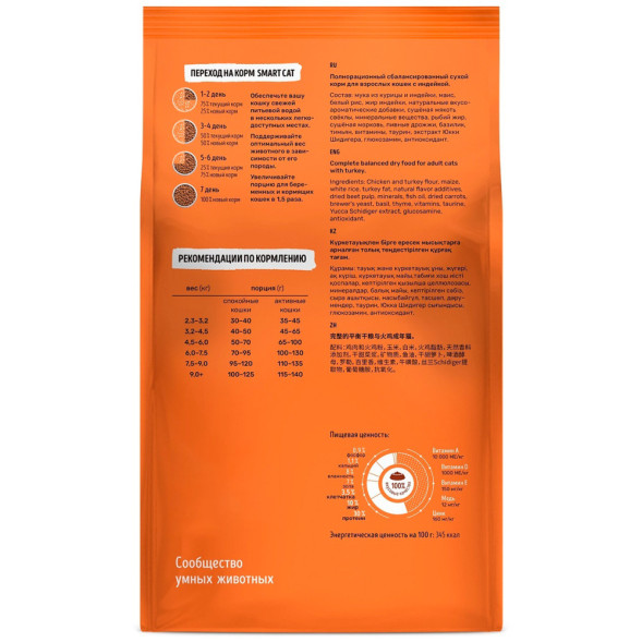 Smart Cat сухой корм для взрослых кошек, с индейкой - 1,4 кг