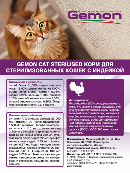 Gemon Cat Sterilised сухой корм для стерилизованных кошек с индейкой 1,5 кг