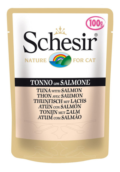 Schesir Cat Adult влажный корм для взрослых кошек с тунцом и лососем в паучах - 100 г х 20 шт