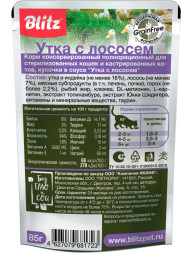 Blitz Holistic Sterilised паучи для стерилизованных кошек, с уткой и лососем - 85 г х 24 шт