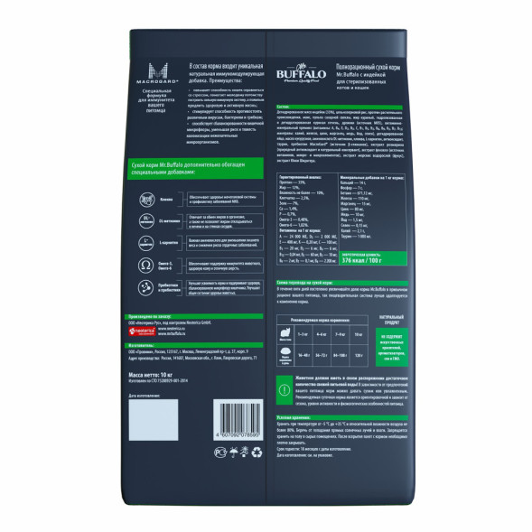 Mr.Buffalo Castrated полнорационный сухой корм для взрослых стерилизованных котов и кошек с индейкой - 10 кг