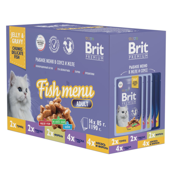 Brit Premium Особые меню влажный корм для взрослых кошек в паучах, Рыбное меню в соусе и желе - 85 г х 14 шт
