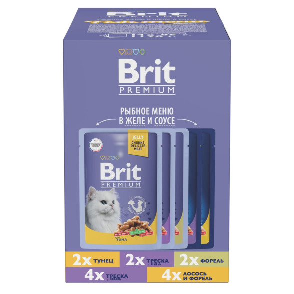 Brit Premium Особые меню влажный корм для взрослых кошек в паучах, Рыбное меню в соусе и желе - 85 г х 14 шт