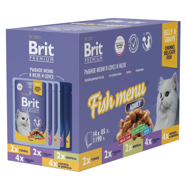 Brit Premium Особые меню влажный корм для взрослых кошек в паучах, Рыбное меню в соусе и желе - 85 г х 14 шт