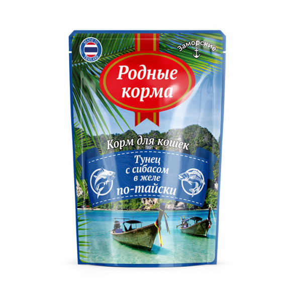 Родные Корма влажный корм для взрослых кошек Заморские паучи тунец с сибасом в желе по-тайски - 70 г х 24 шт