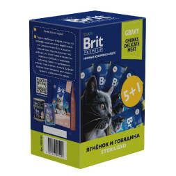 Brit Premium набор паучей для взрослых стерилизованных кошек с ягненком и говядиной кусочки в соусе - 85 г х 5+1 шт