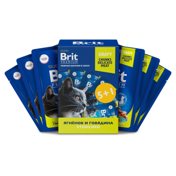 Brit Premium набор паучей для взрослых стерилизованных кошек с ягненком и говядиной кусочки в соусе - 85 г х 5+1 шт
