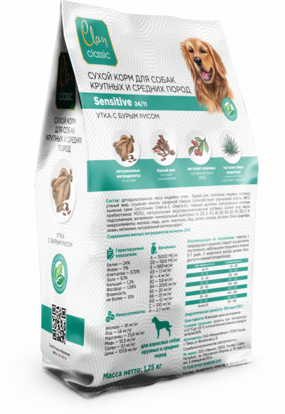 Clan Classic Sensitive 24/11 сухой корм для взрослых собак крупных и средних пород с уткой и бурым рисом - 1,25 кг