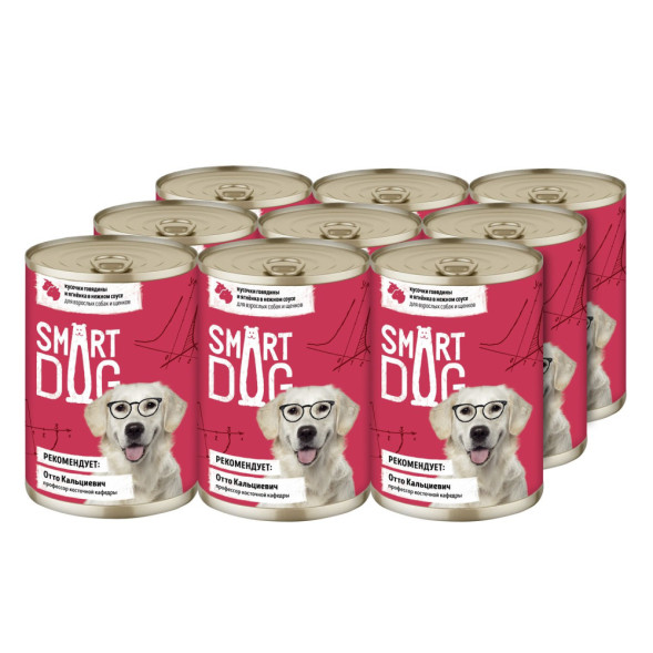 Smart Dog консервы для взрослых собак и щенков с говядиной и ягненком кусочки в соусе - 400 г х 9 шт