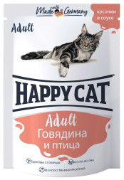 Happy Cat Adult влажный корм для взрослых кошек с говядиной и птицей в паучах - 100 г (22 шт в уп)
