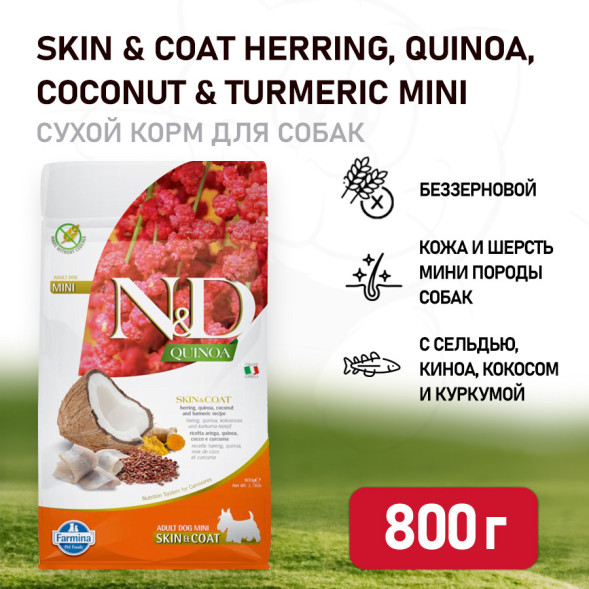 Farmina N&amp;amp;D Dog GF Quinoa Skin&amp;amp;Coat Herring Mini сухой корм для взрослых собак мелких пород для ухода за кожей и шерстью, с сельдью - 800 г