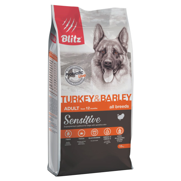 Blitz Sensitive Adult Turkey &amp;amp; Barley сухой корм для взрослых собак с индейкой и ячменем - 15 кг