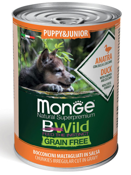 Monge Dog BWild Grain Free Puppy&amp;amp;Junior влажный беззерновой корм для щенков всех пород с уткой, тыквой и кабачками в консервах 400 г (24 шт в уп)