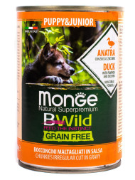 Monge Dog BWild Grain Free Puppy&amp;amp;Junior влажный беззерновой корм для щенков всех пород с уткой, тыквой и кабачками в консервах 400 г (24 шт в уп)