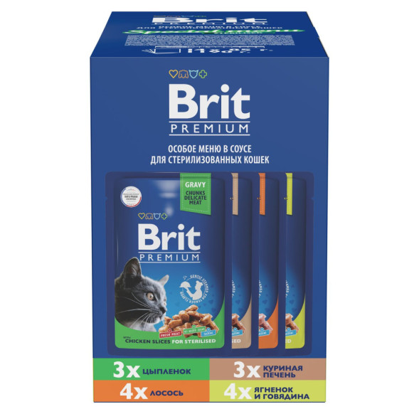Brit Premium Особые меню влажный корм для взрослых стерилизованных кошек в паучах, Особое меню в соусе - 85 г х 14 шт