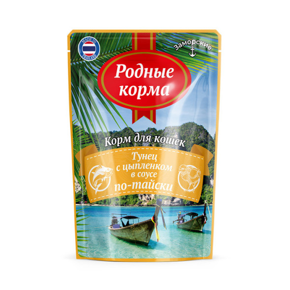 Родные Корма влажный корм для взрослых кошек Заморские паучи тунец с цыпленком в соусе по-тайски - 70 г х 24 шт