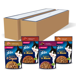 Felix Sensations набор паучей для кошек с курицей и морковью; говядиной и томатами; уткой со шпинатом в желе; индейкой со вкусом бекона в соусе - 75 г х 52 шт