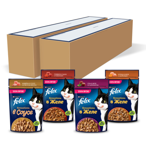 Felix Sensations набор паучей для кошек с курицей и морковью; говядиной и томатами; уткой со шпинатом в желе; индейкой со вкусом бекона в соусе - 75 г х 52 шт
